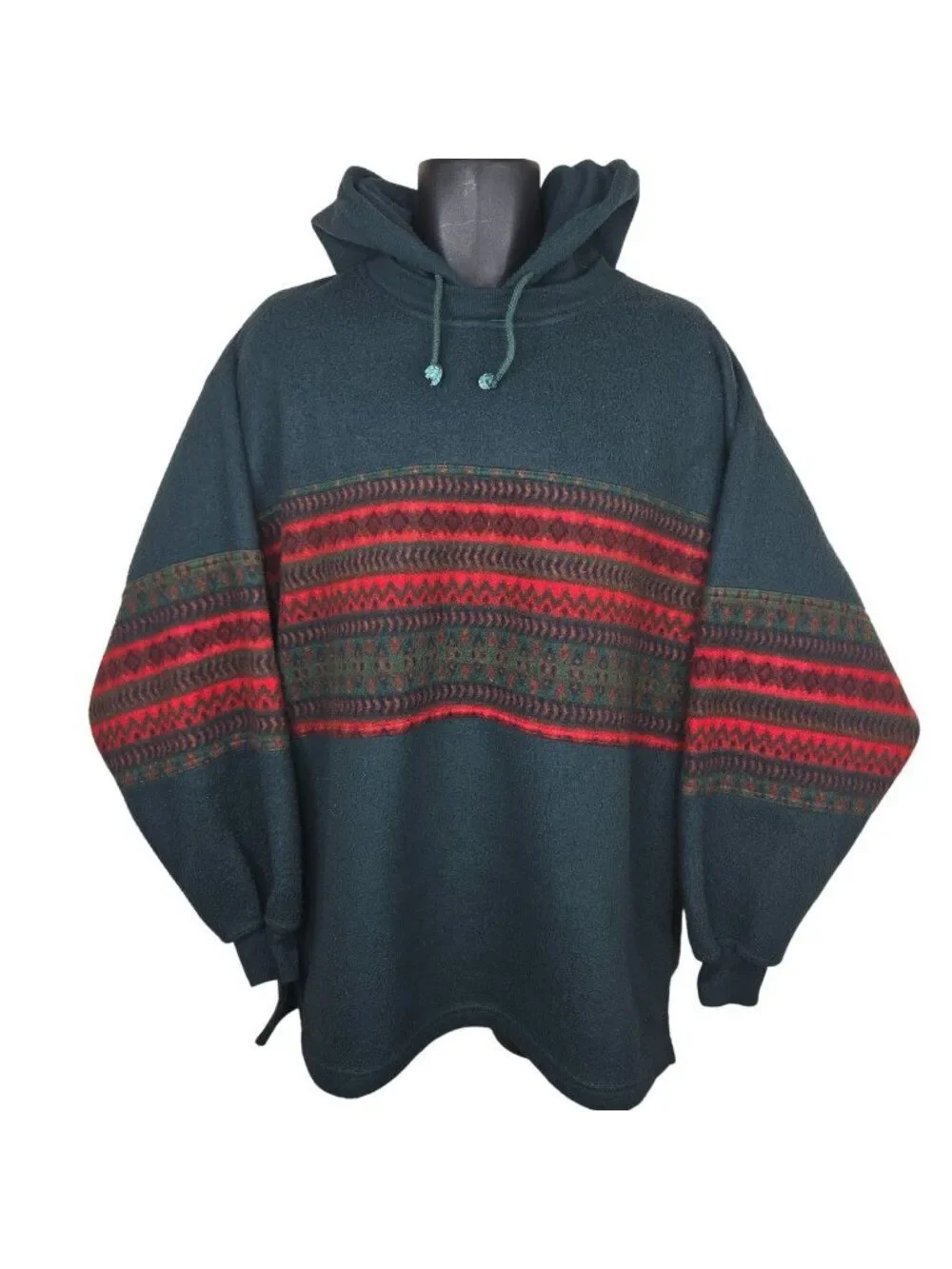 Vintage 90s Bugle Boy Green Hooded Fleece Hoodie Red Stripes Mens Size L